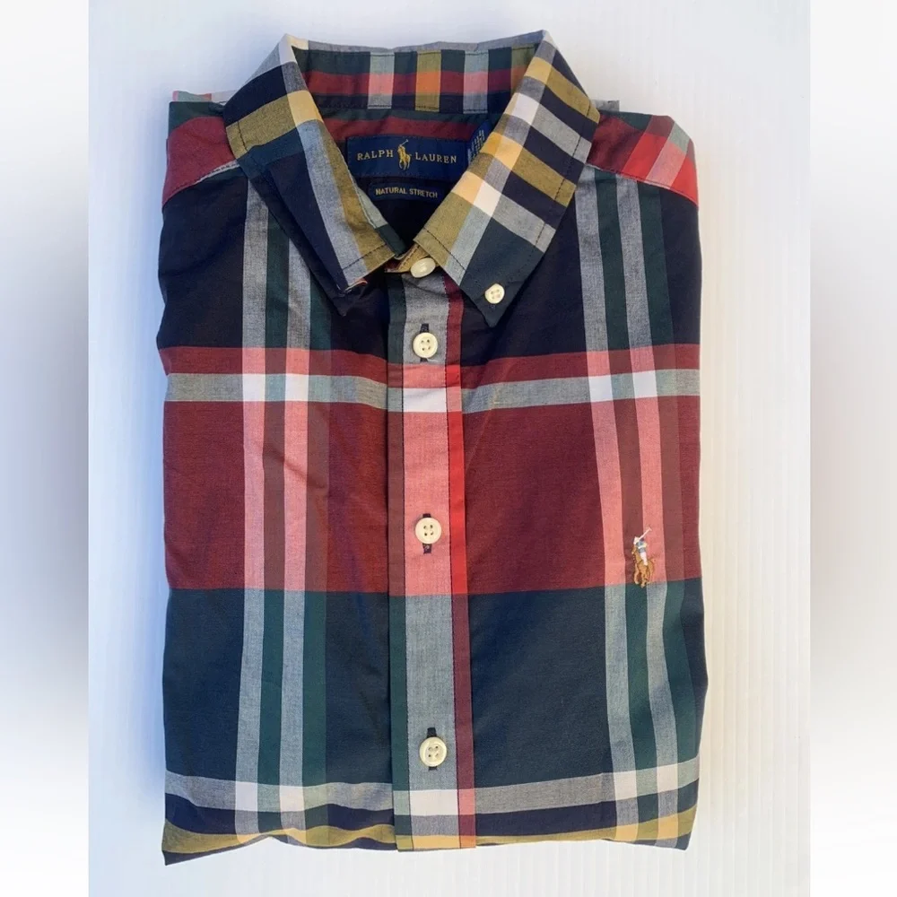 Ralph Lauren Boys Sz Large 14-16 Red Blue Plaid Button Down Long Sleeve Shirt